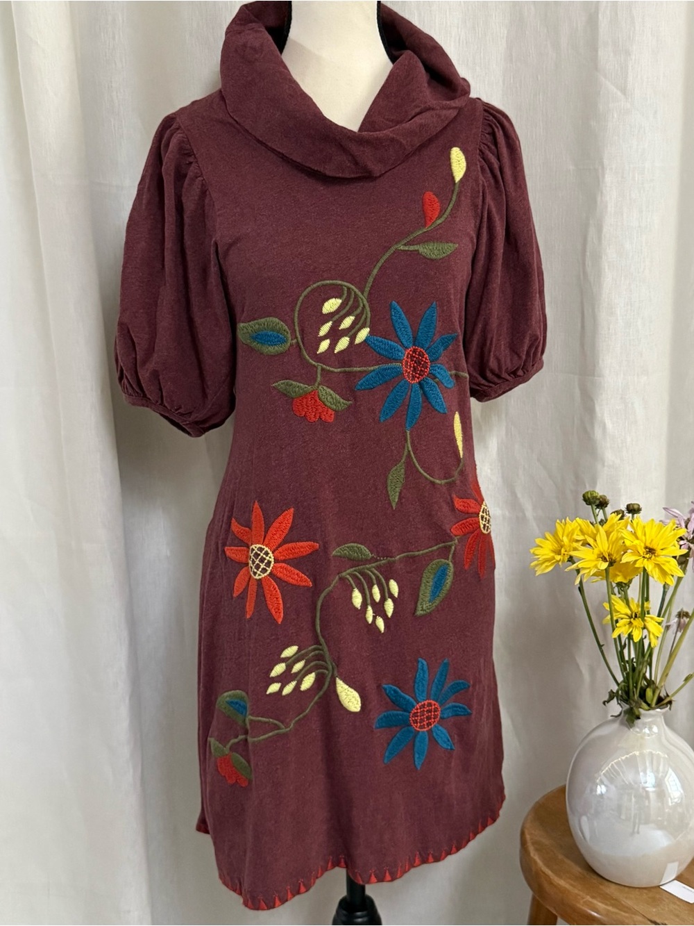 Ivy Jane S Burgundy Embroidered Floral Puff Sleeve Boho Shift Mini Dress Small